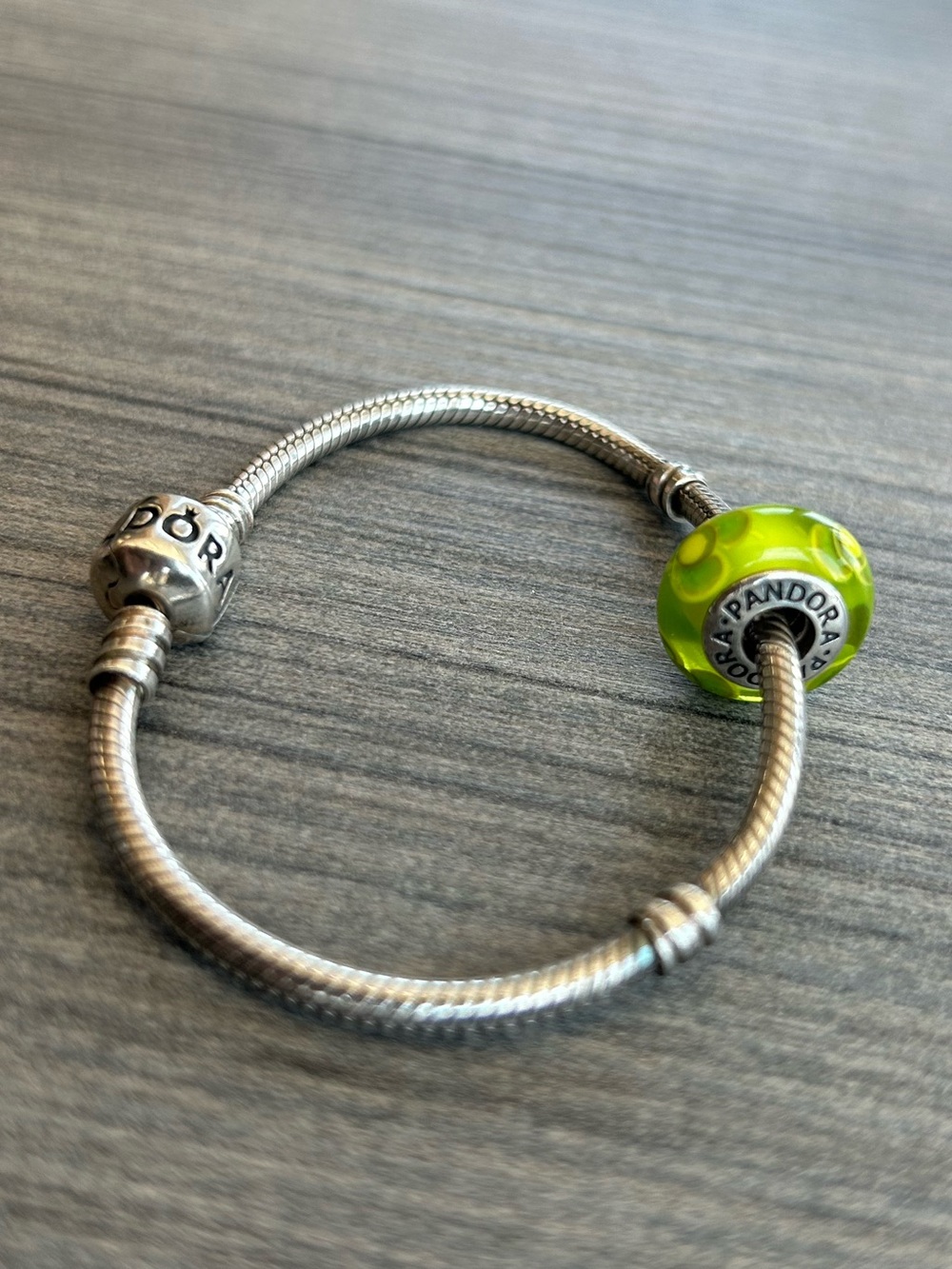 Pandora Sterling Silver Bracelet with Neon Lime Green Glass Bead Charm